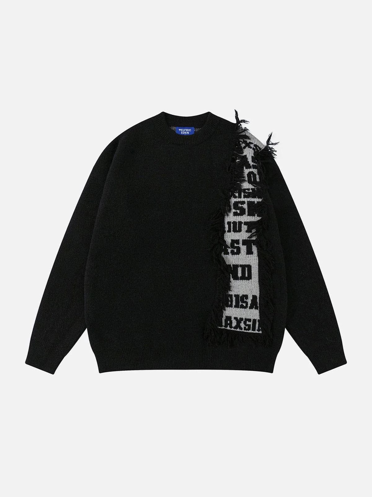 Distressed Fringe Letter Sweater | Oversized Jacquard Knit | Aelfric Eden