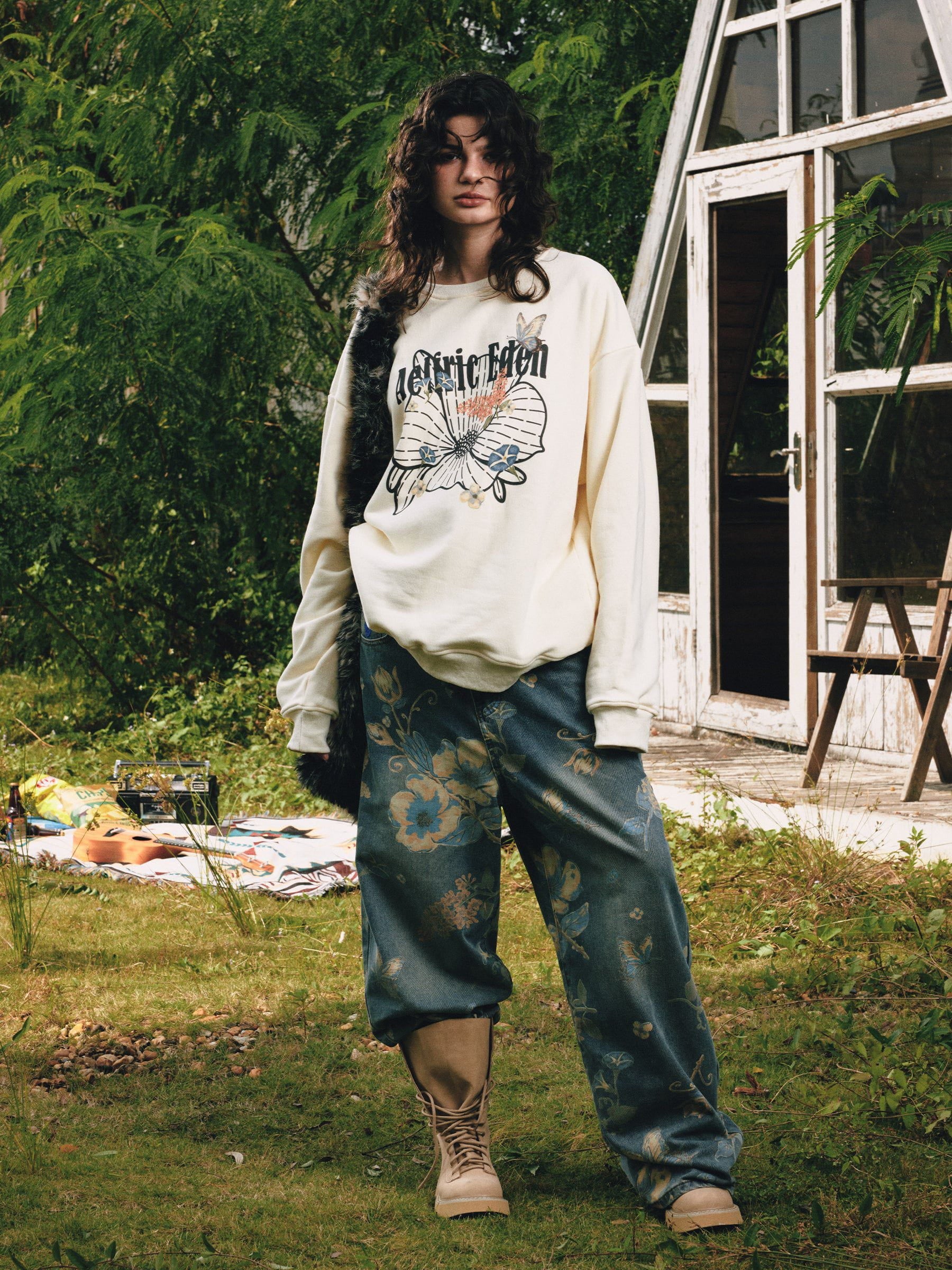 Floral Print Cotton Sweatshirt with Butterfly Design | Aelfric Eden