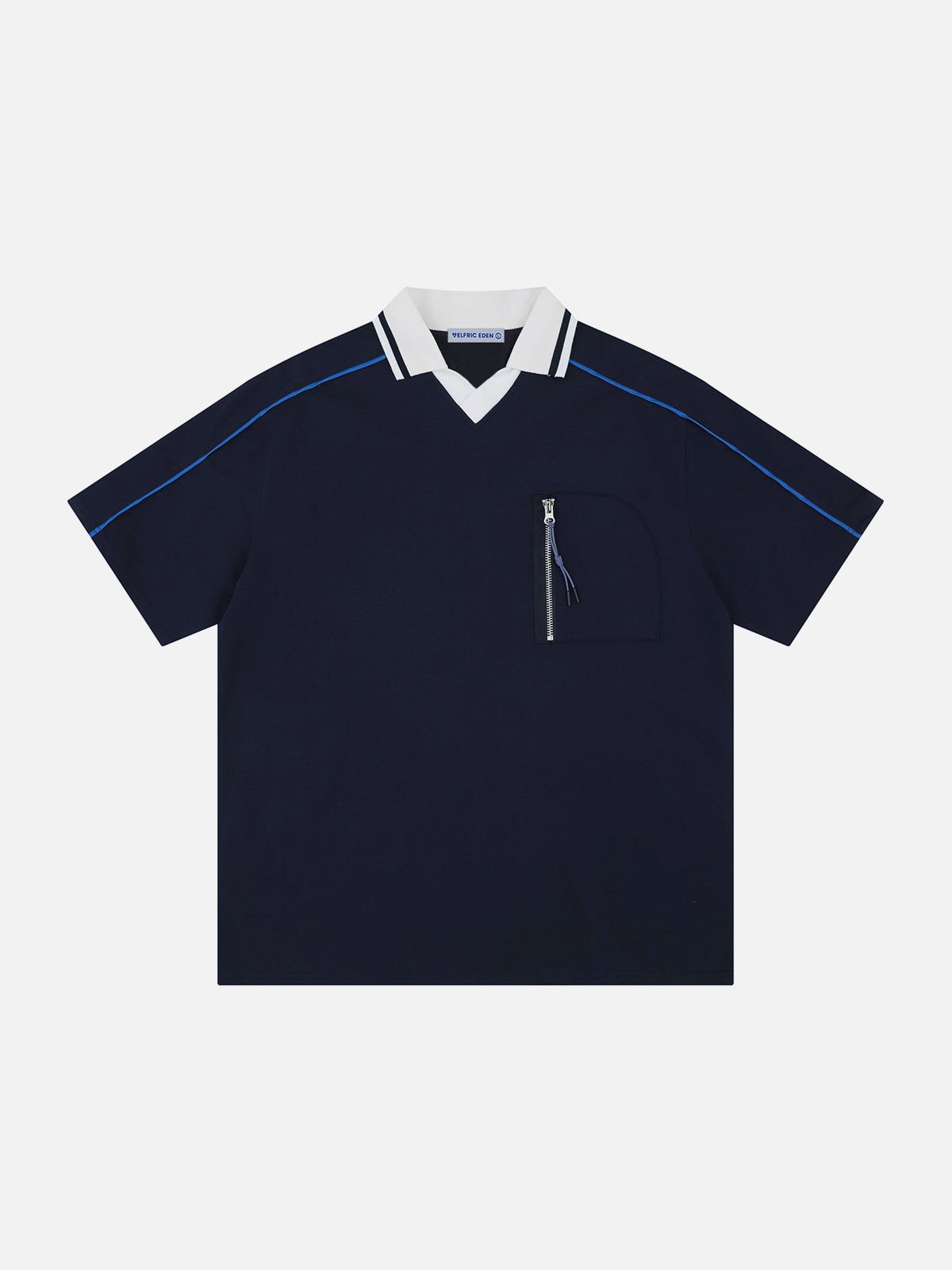 Men's V-Neck Polo Tee with Striped Collar & Zippered Pockets | Aelfric Eden