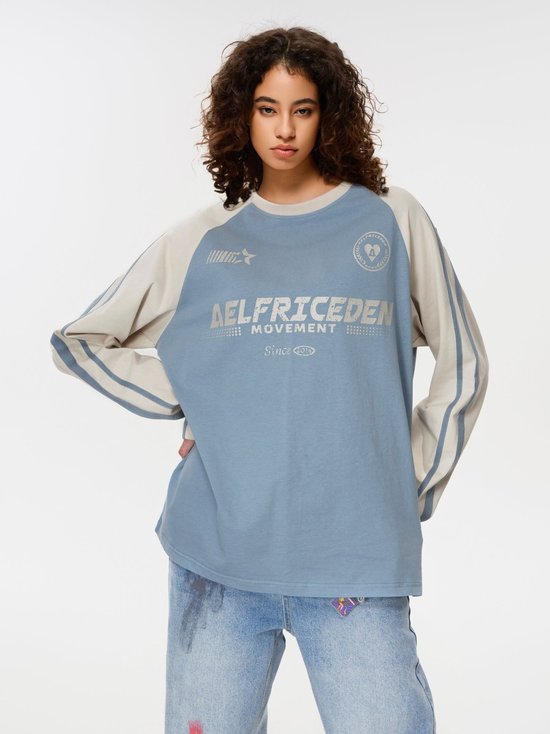 Color Block Long Sleeve Tee | Retro Loose Fit Cotton Shirt | Aelfric Eden