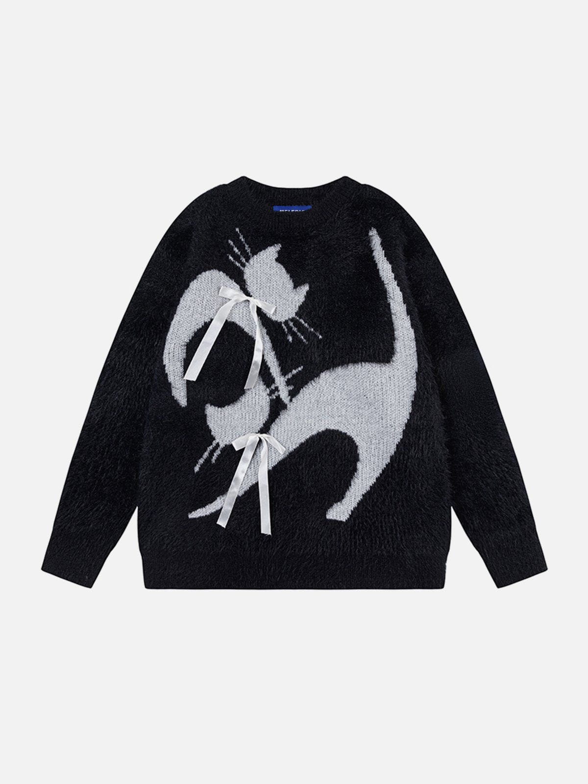 Bow Cat Graphic Sweater with Ribbon Accents | Aelfric Eden