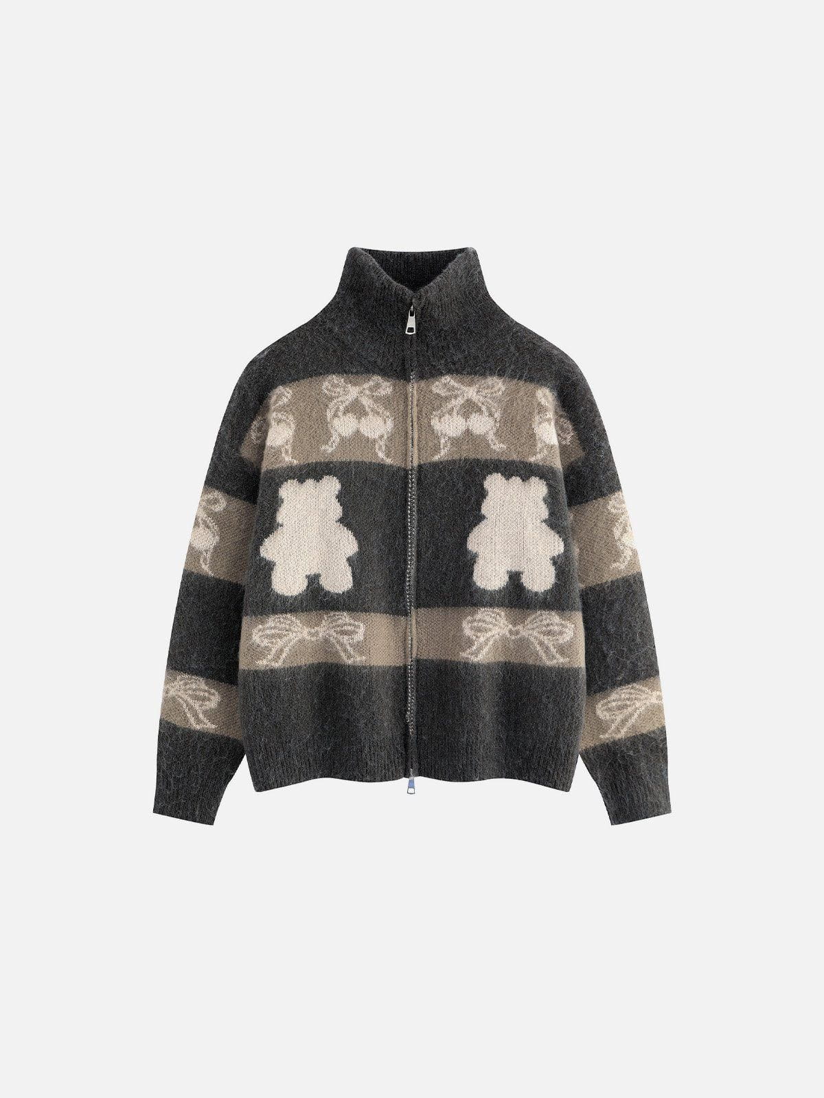 Striped Zip-Up Cardigan with Bow Detail & Turtleneck | Aelfric Eden