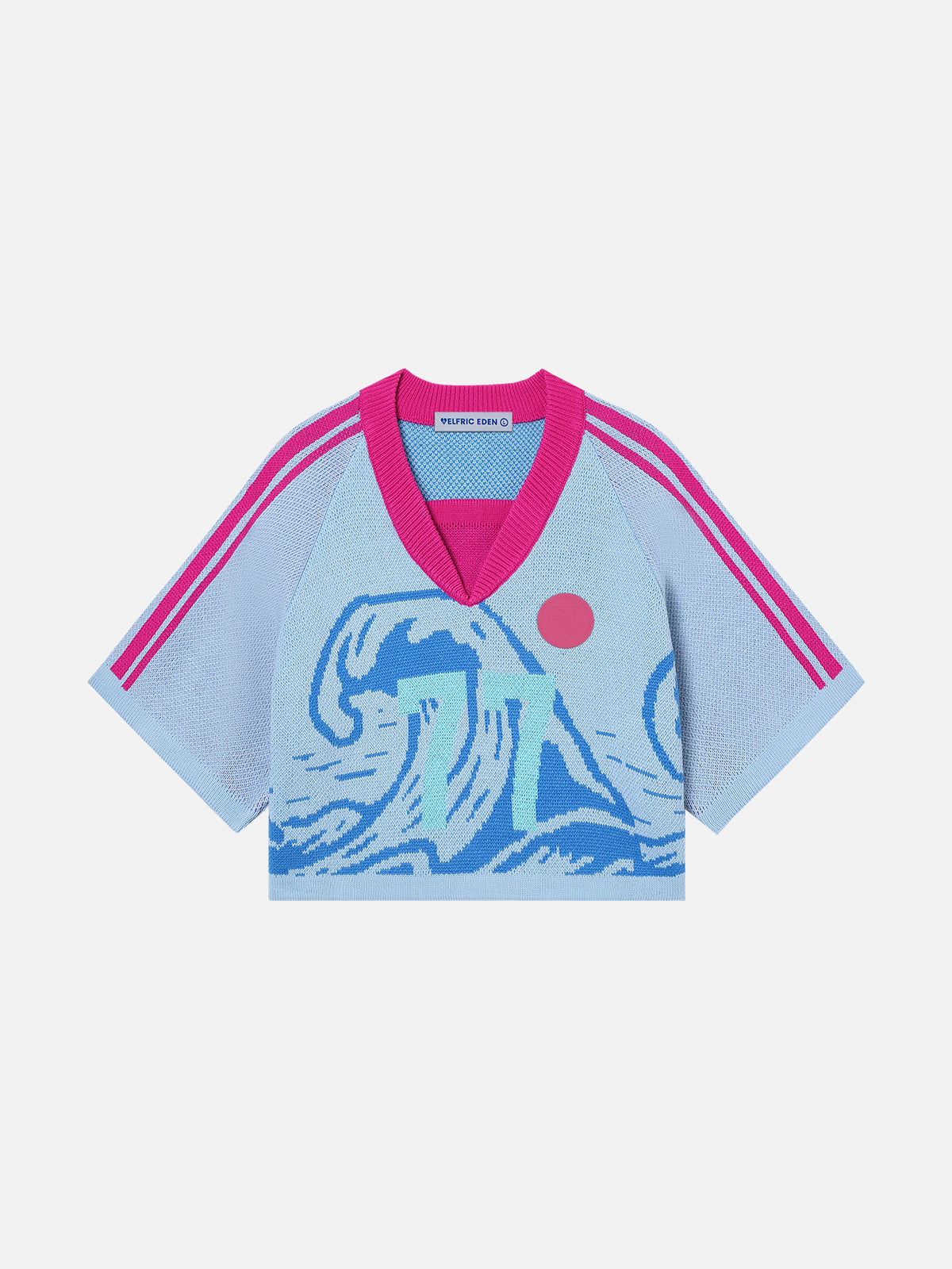 Wave Graphic V-Neck Knit Tee with Retro 77 Print | Aelfric Eden