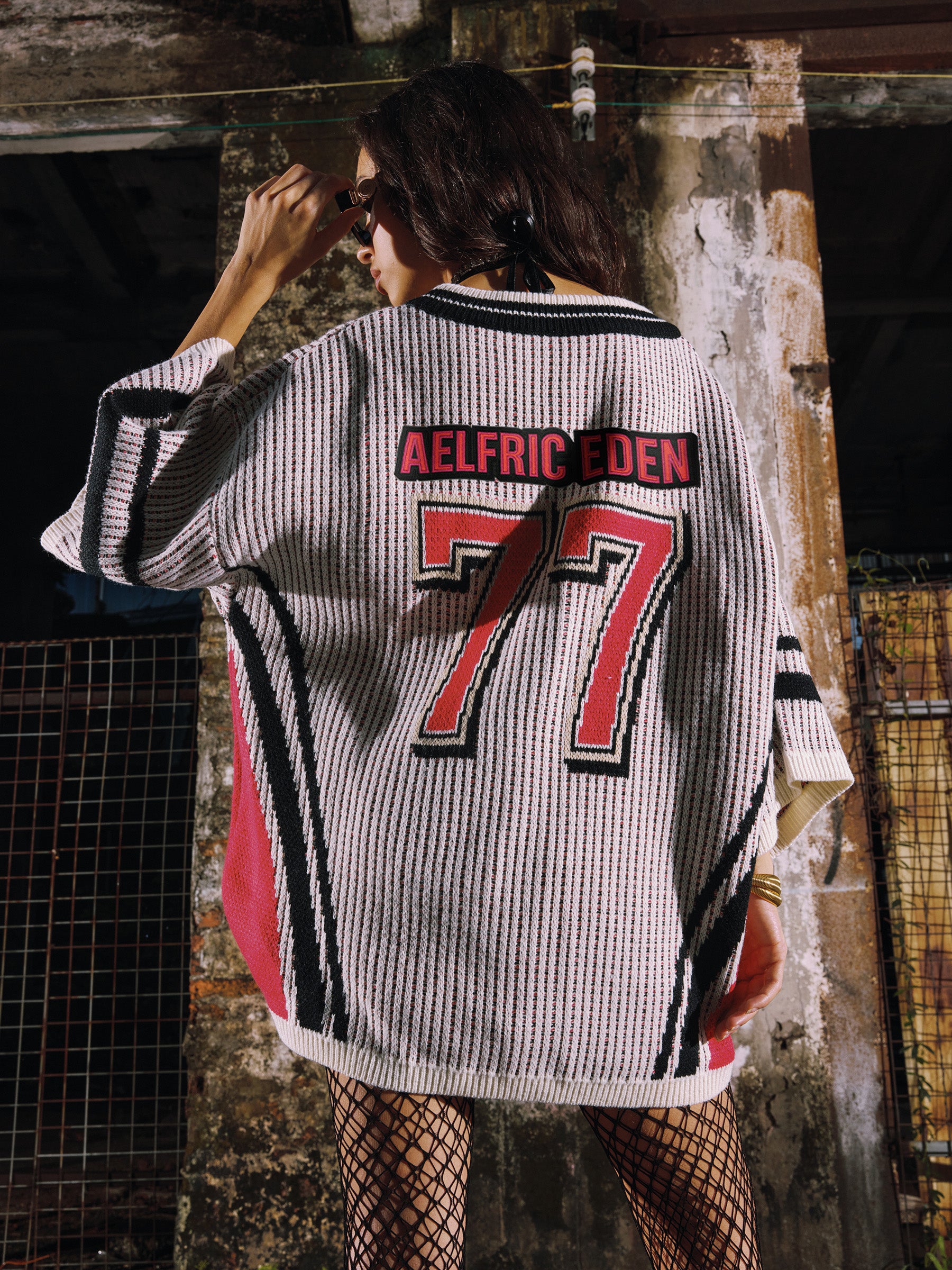 Retro V-Neck Knit Tee with Number Graphic | Aelfric Eden