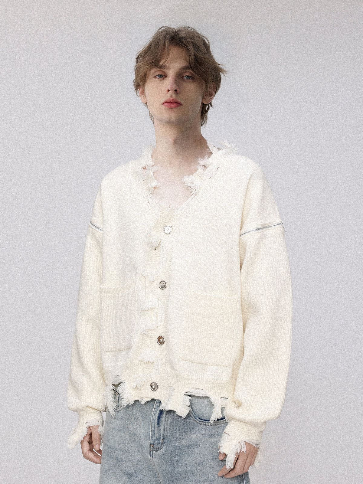 Distressed Cardigan with Removable Sleeves & Star Zipper | Aelfric Eden