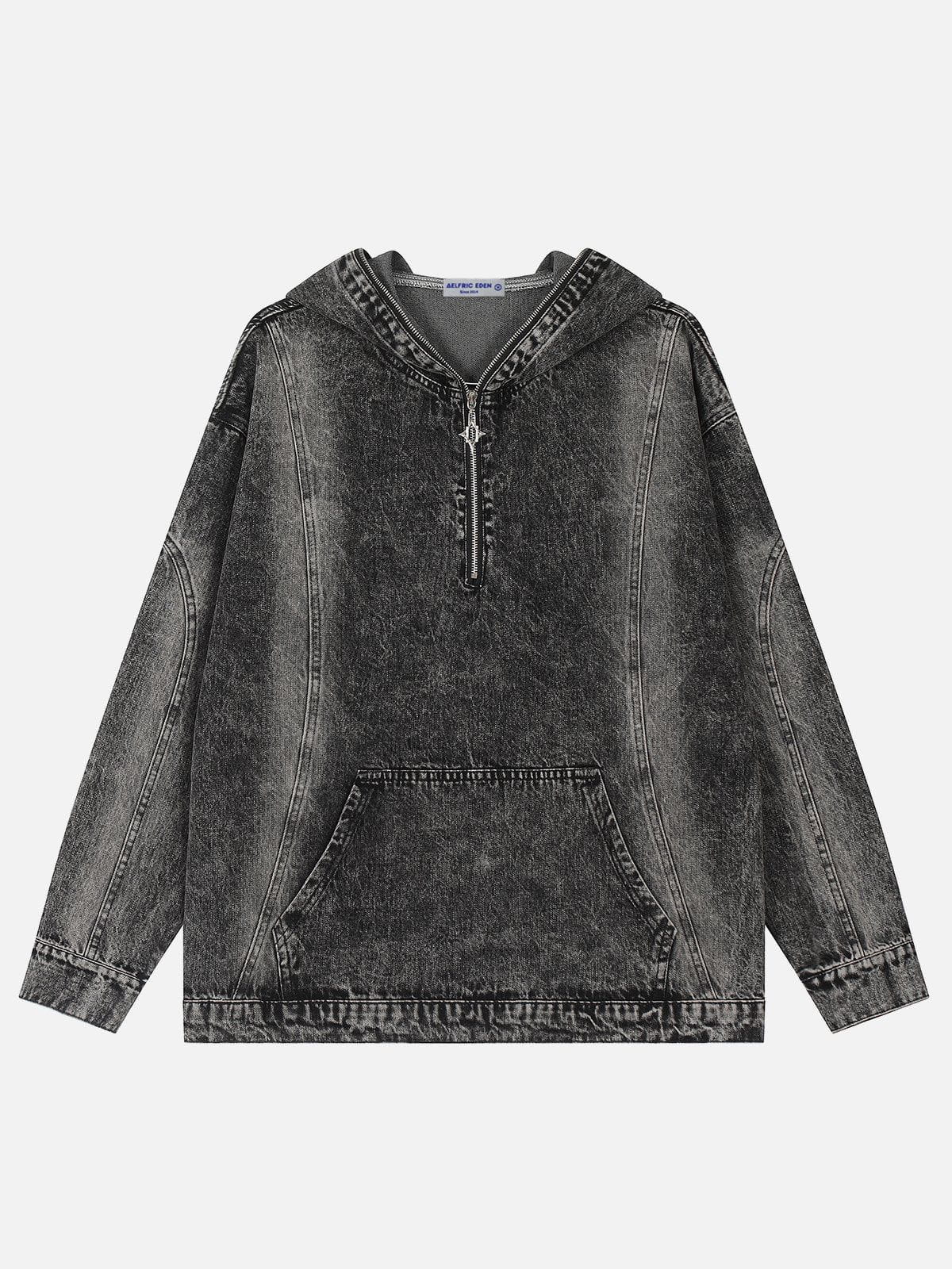 Vintage Washed Denim Hoodie with Half-Zip Design | Aelfric Eden