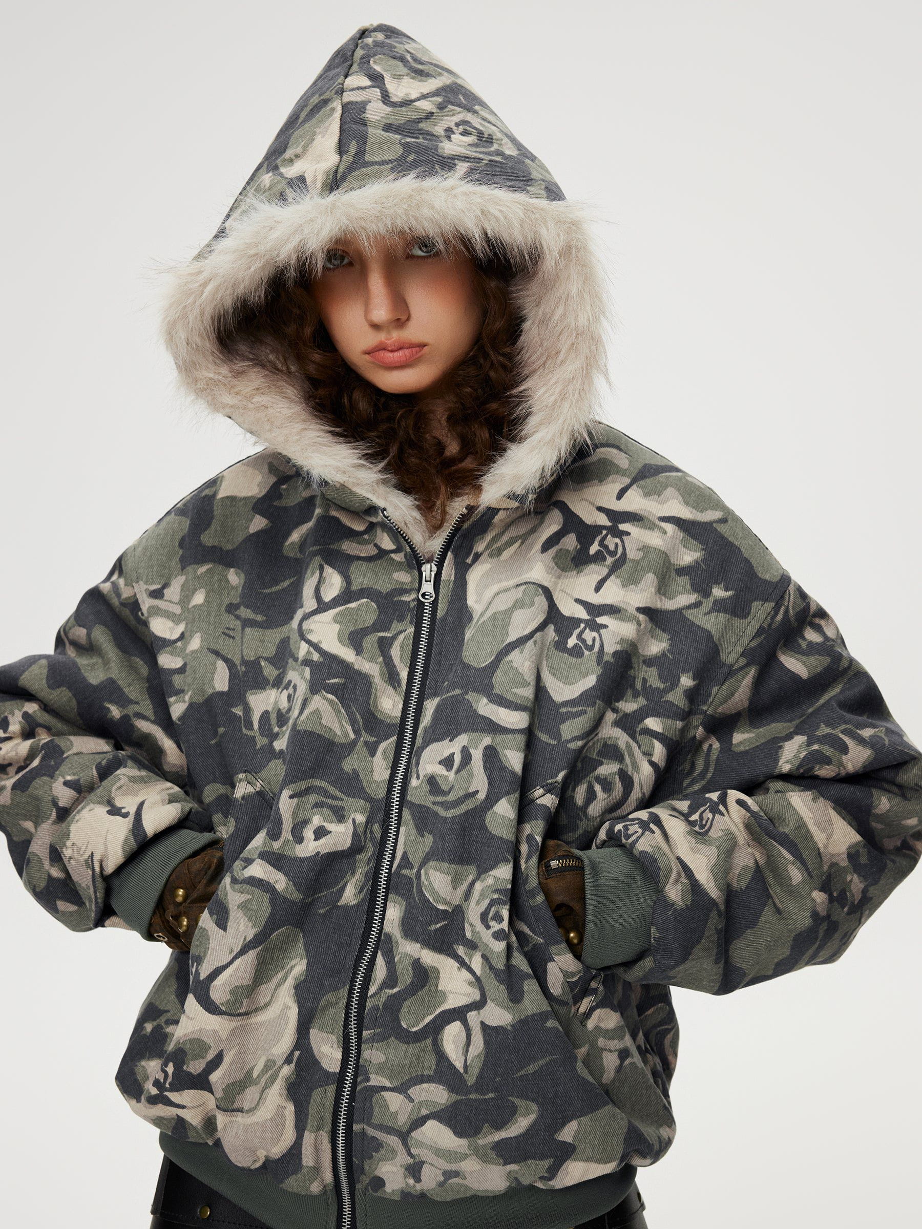 Camouflage Cropped Coat with Plush Collar & Quilted Lining | Aelfric Eden