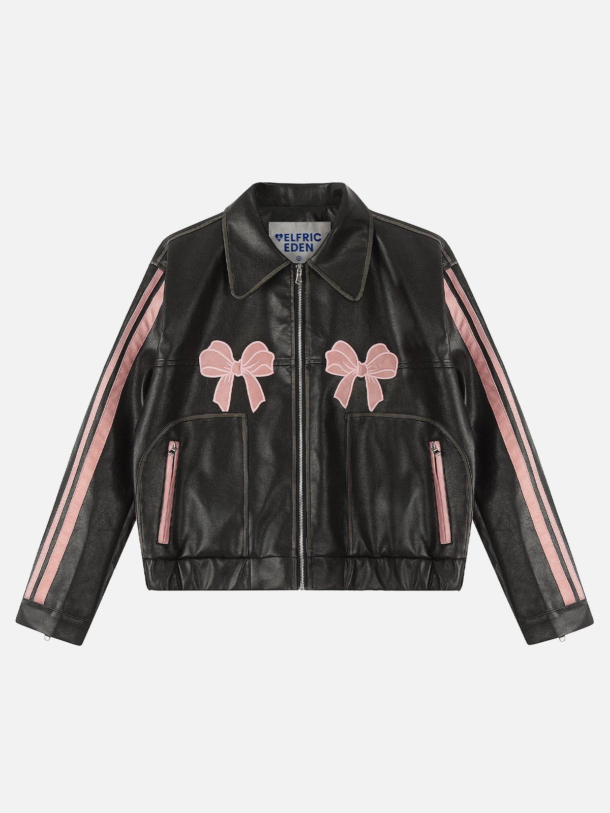 Faux Leather Jacket with Embroidery Bow & Stripe Sleeve | Aelfric Eden
