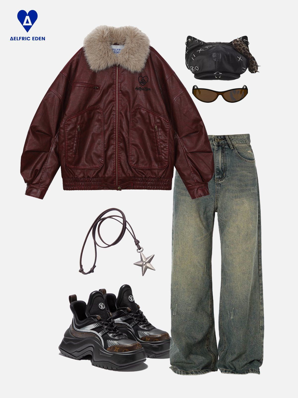 Red Faux Leather Coat with Detachable Fur Collar | Aelfric Eden
