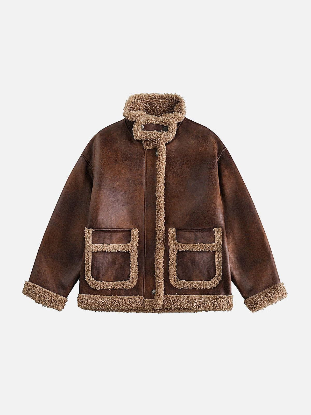 Oversized Sherpa Jacket for Winter - Faux Leather & Patchwork Design | Aelfric Eden