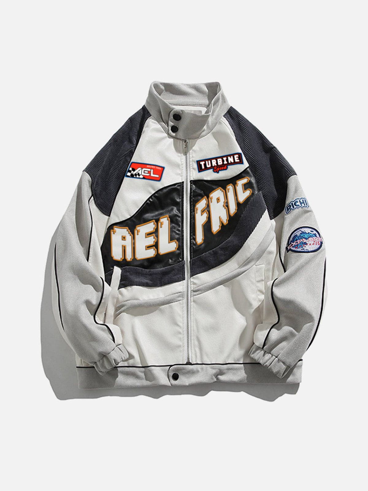 Patchwork Racing Jacket with Stand Collar & Faux Leather | Aelfric Eden