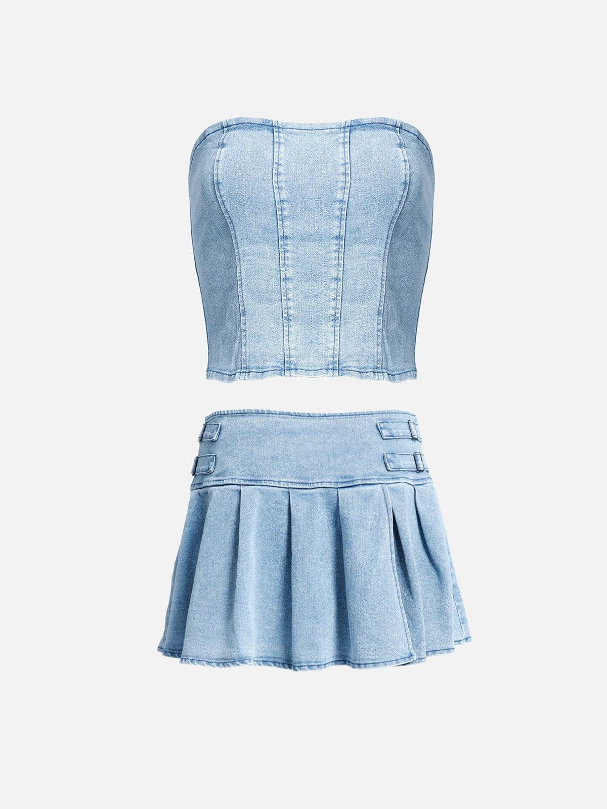 Vintage Denim Skirt Set with Slit & Backless Zipper | Aelfric Eden