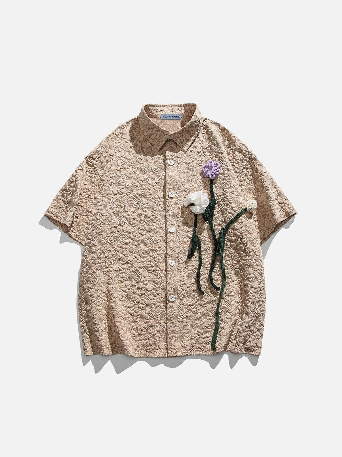 Floral Print Short Sleeve Shirt with 3D Flower Design | Elegant Bloom