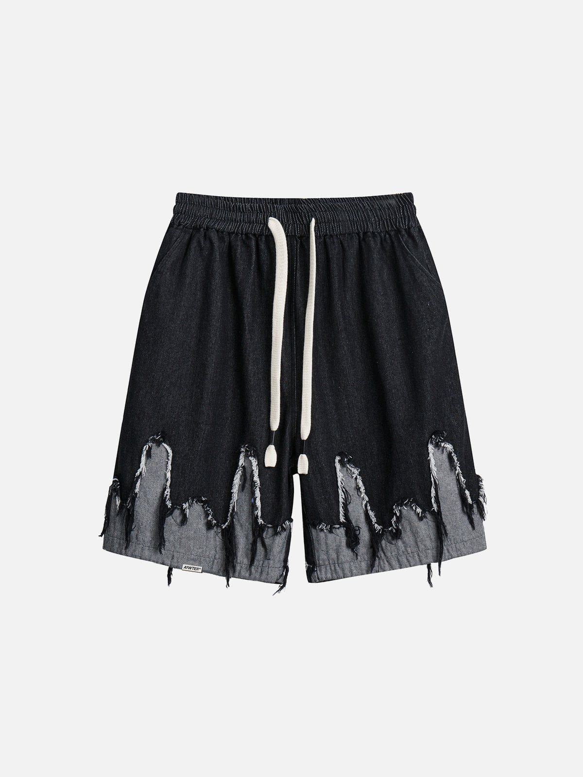 Patchwork Denim Shorts with Fringe & Elastic Waist | Aelfric Eden