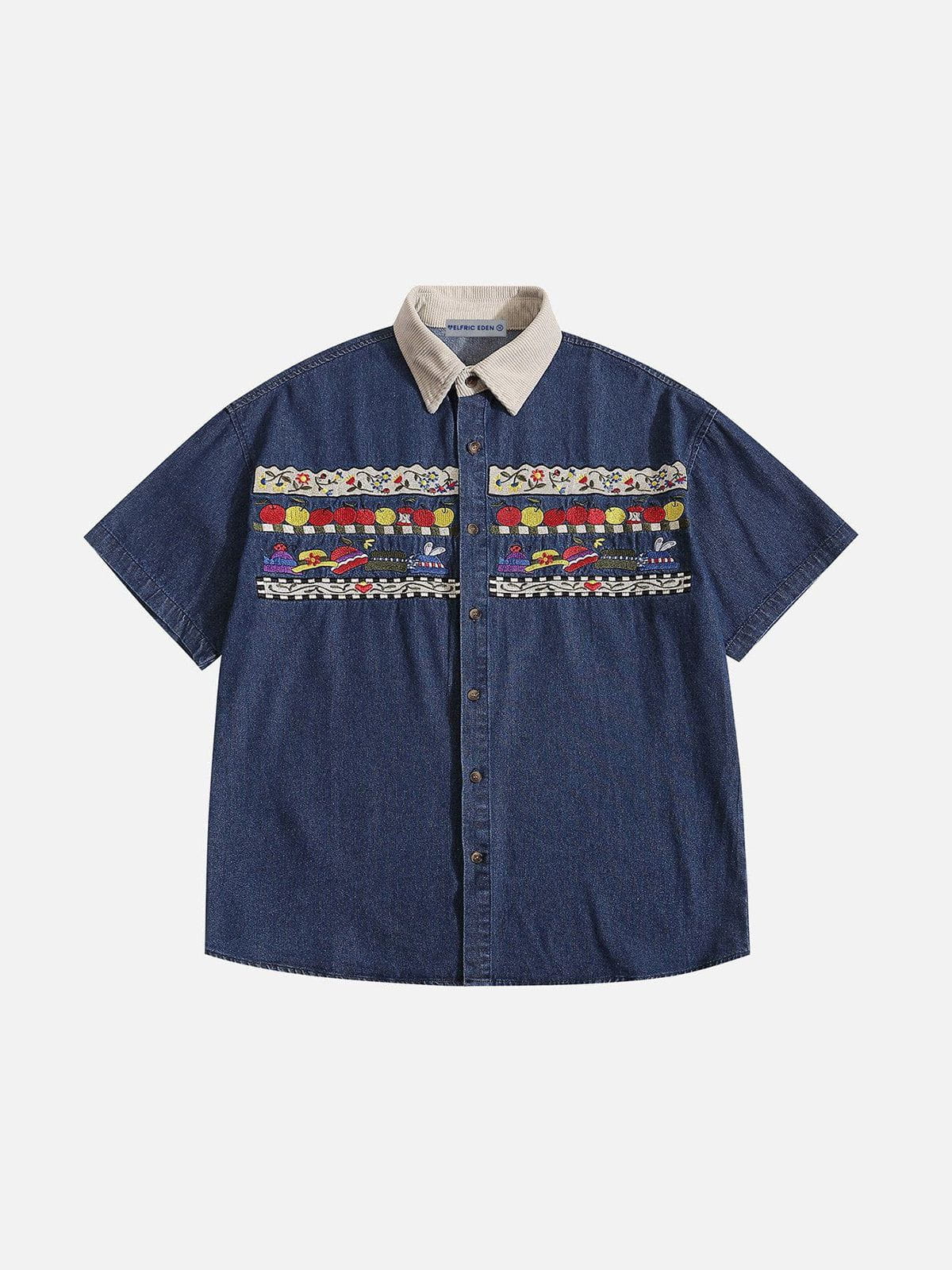 Denim Short Sleeve Shirt with Colorful Embroidery | Aelfric Eden