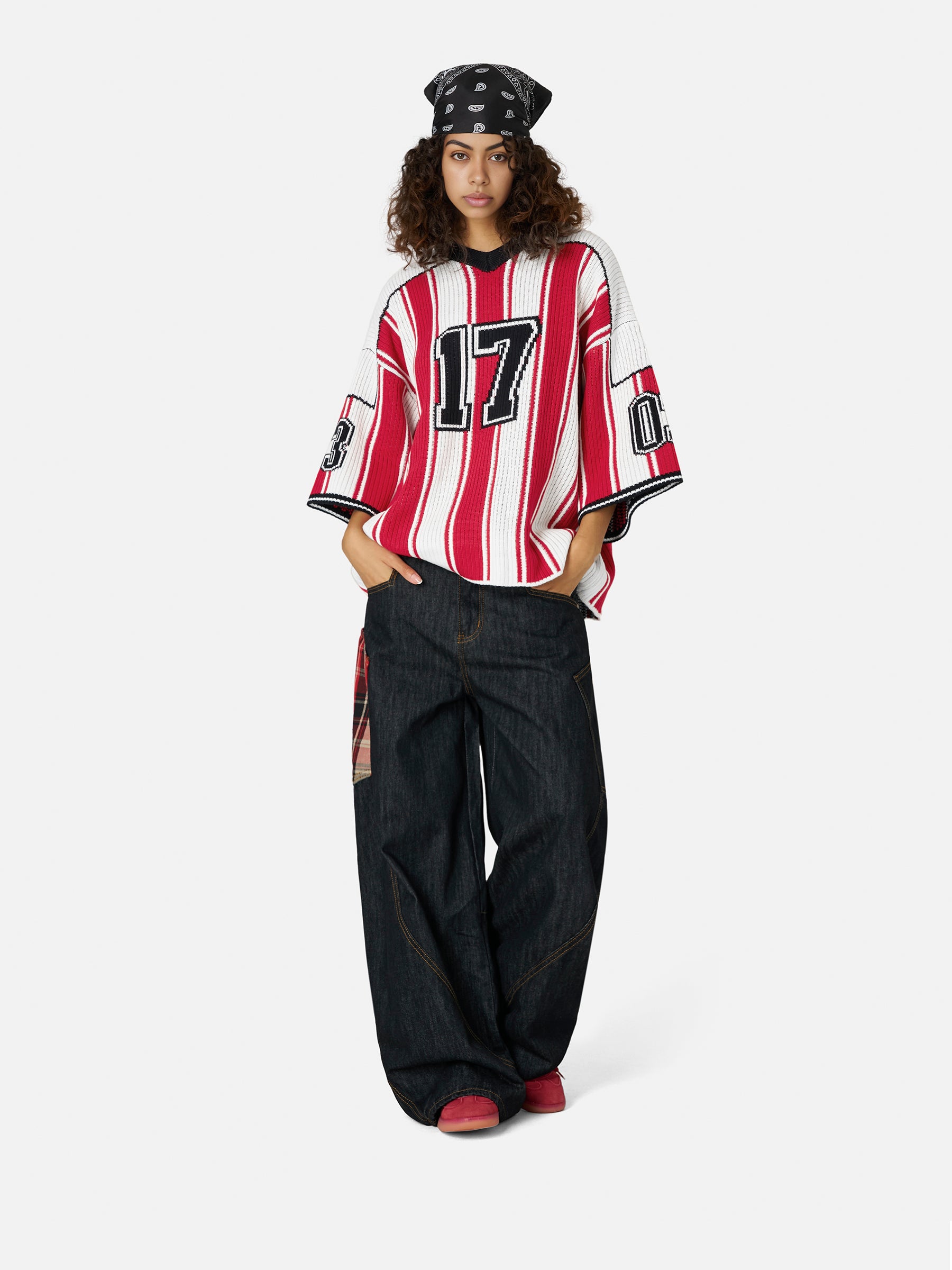 Vintage Knit Football Jersey with Red & White Stripes | Aelfric Eden