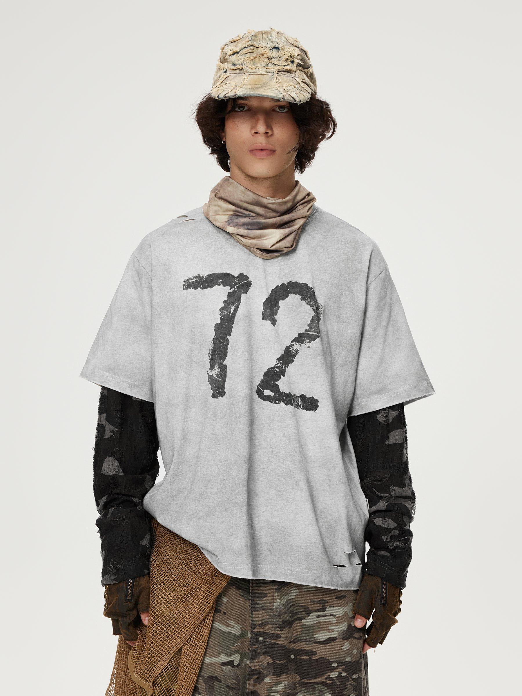 Camouflage Distressed Long Sleeve Tee with Number Print | Aelfric Eden