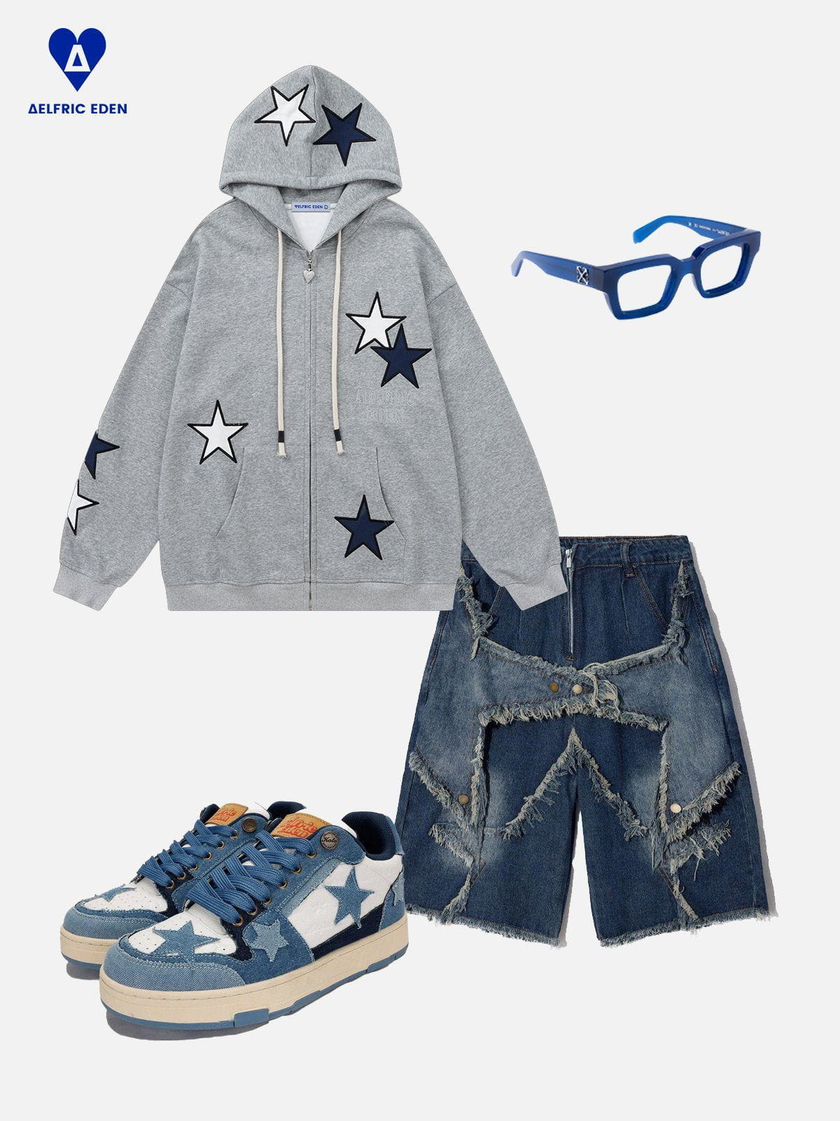 Color Block Zip Up Hoodie with Star Embroidery | Aelfric Eden
