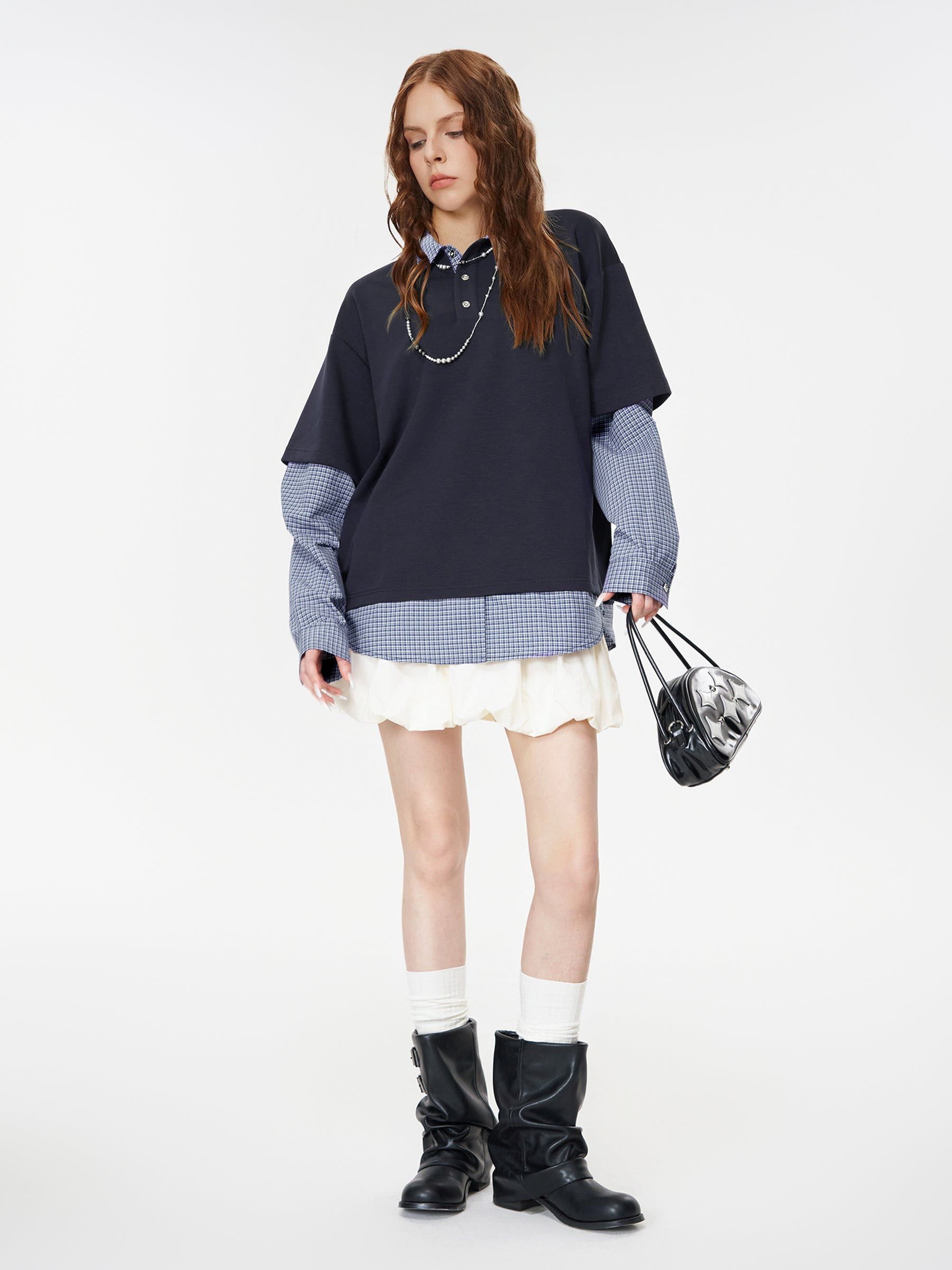Double Layer Polo Shirt with Plaid Patchwork | Aelfric Eden