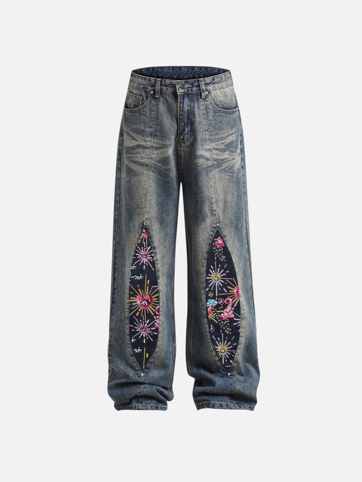 Floral Embroidered Baggy Jeans with Split Hem | Aelfric Eden