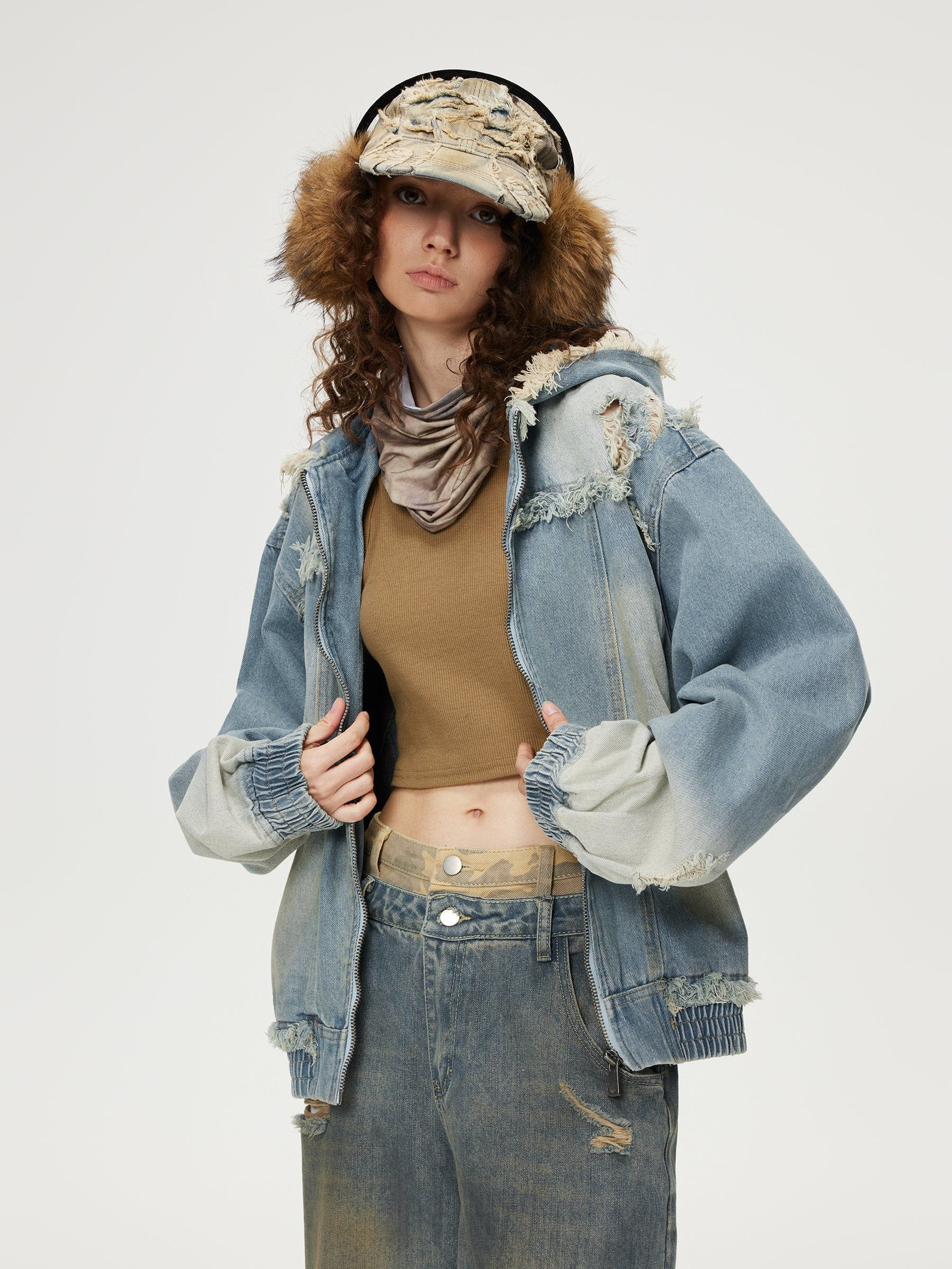 Cropped Zip-Up Hoodie with Fringe & Mud Dyeing | Aelfric Eden