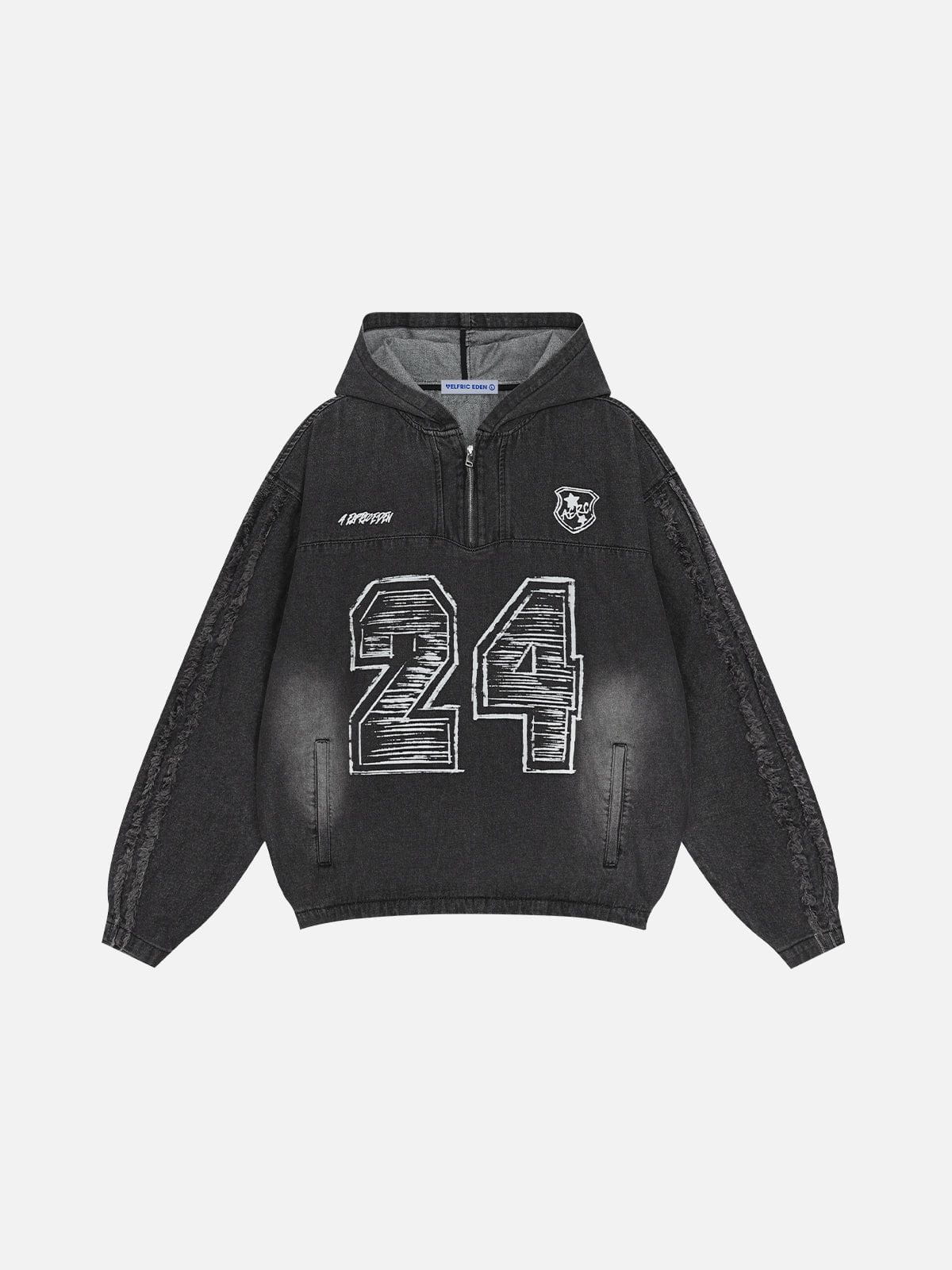 Fringe Washed Half Zip Hoodie with Number Print | Aelfric Eden