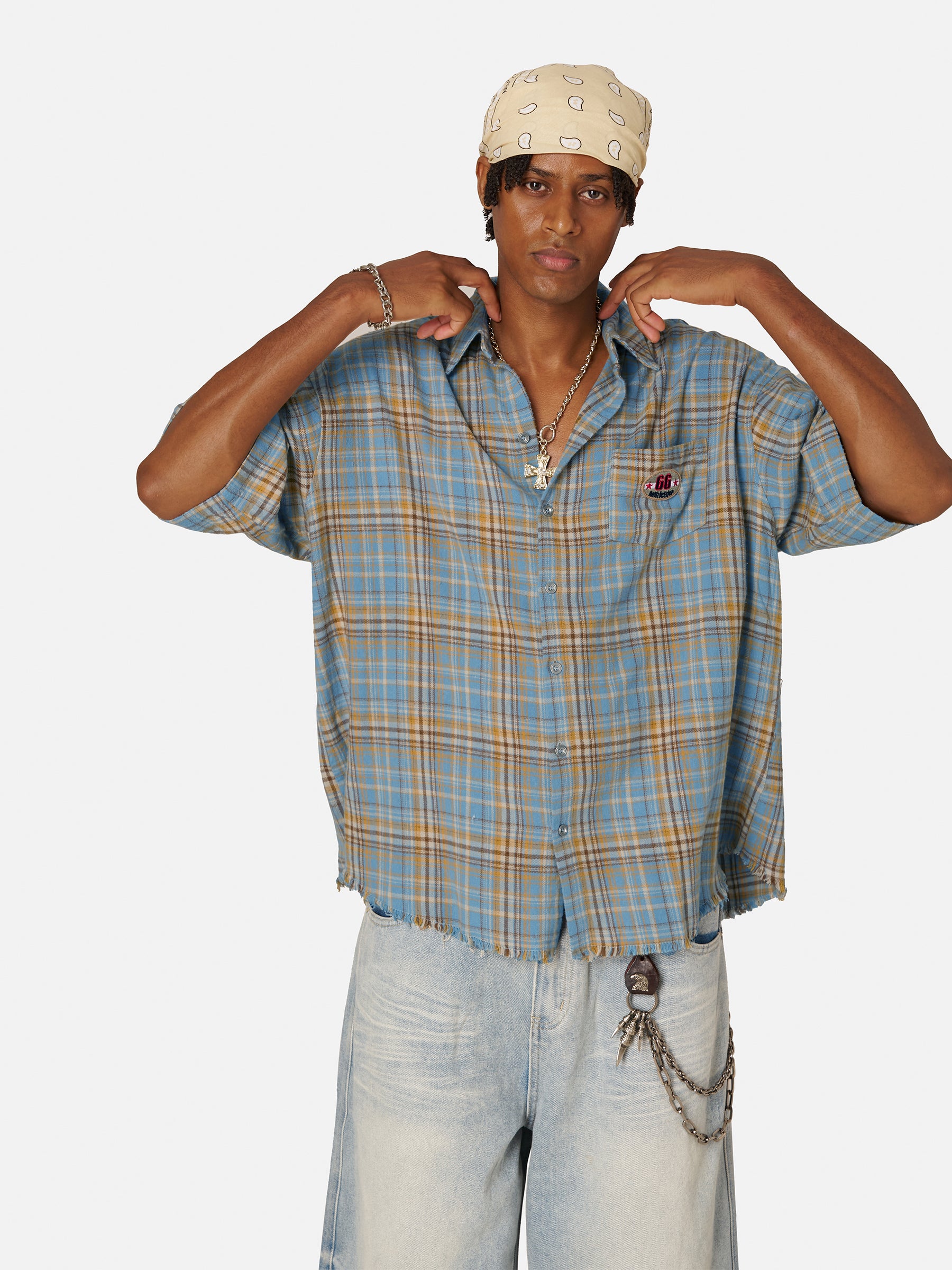 Vintage Gradient Plaid Short Sleeve Shirt with Utility Pocket | Aelfric Eden