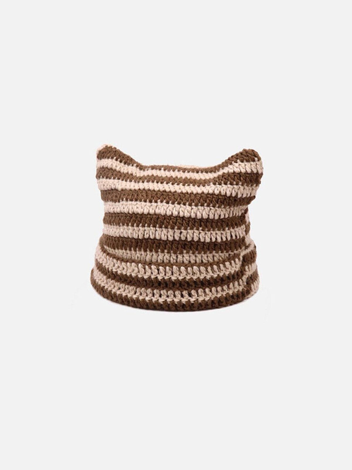 Stripe Knit Cat Ear Beanie - Unisex Cotton Winter Hat
