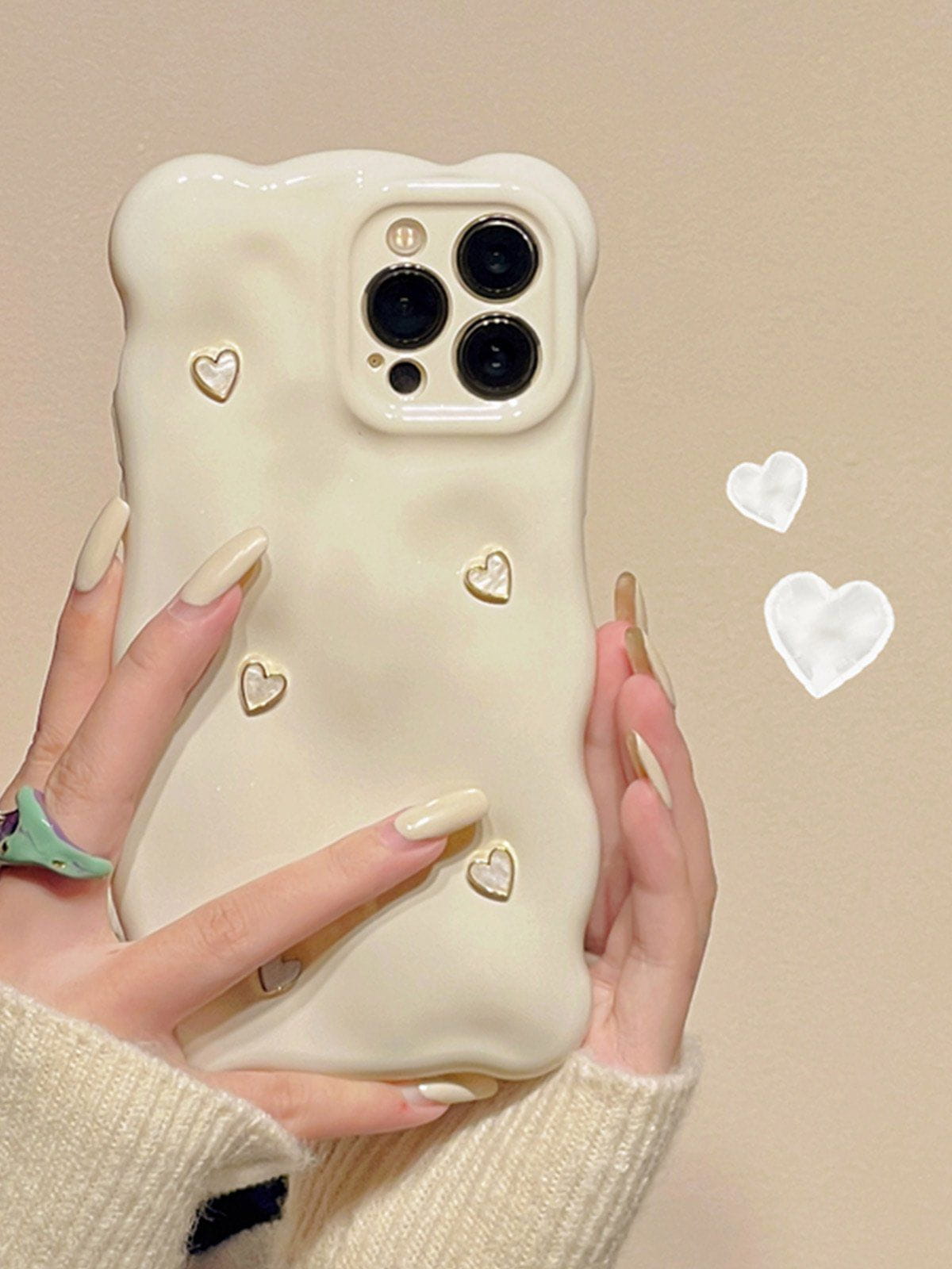 3D Heart Phone Case with Shock Absorption & Pearl White Design ...