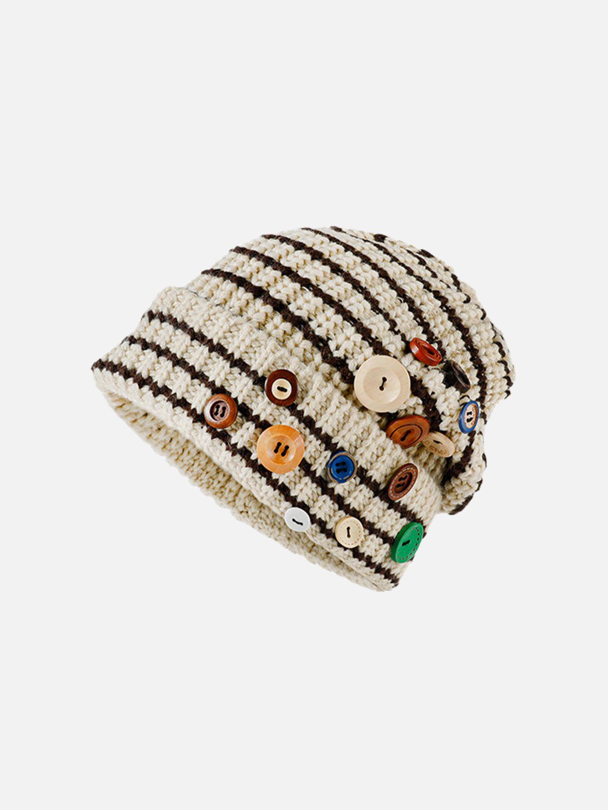 Striped Knit Beanie with Button Detail | Cozy Winter Hat