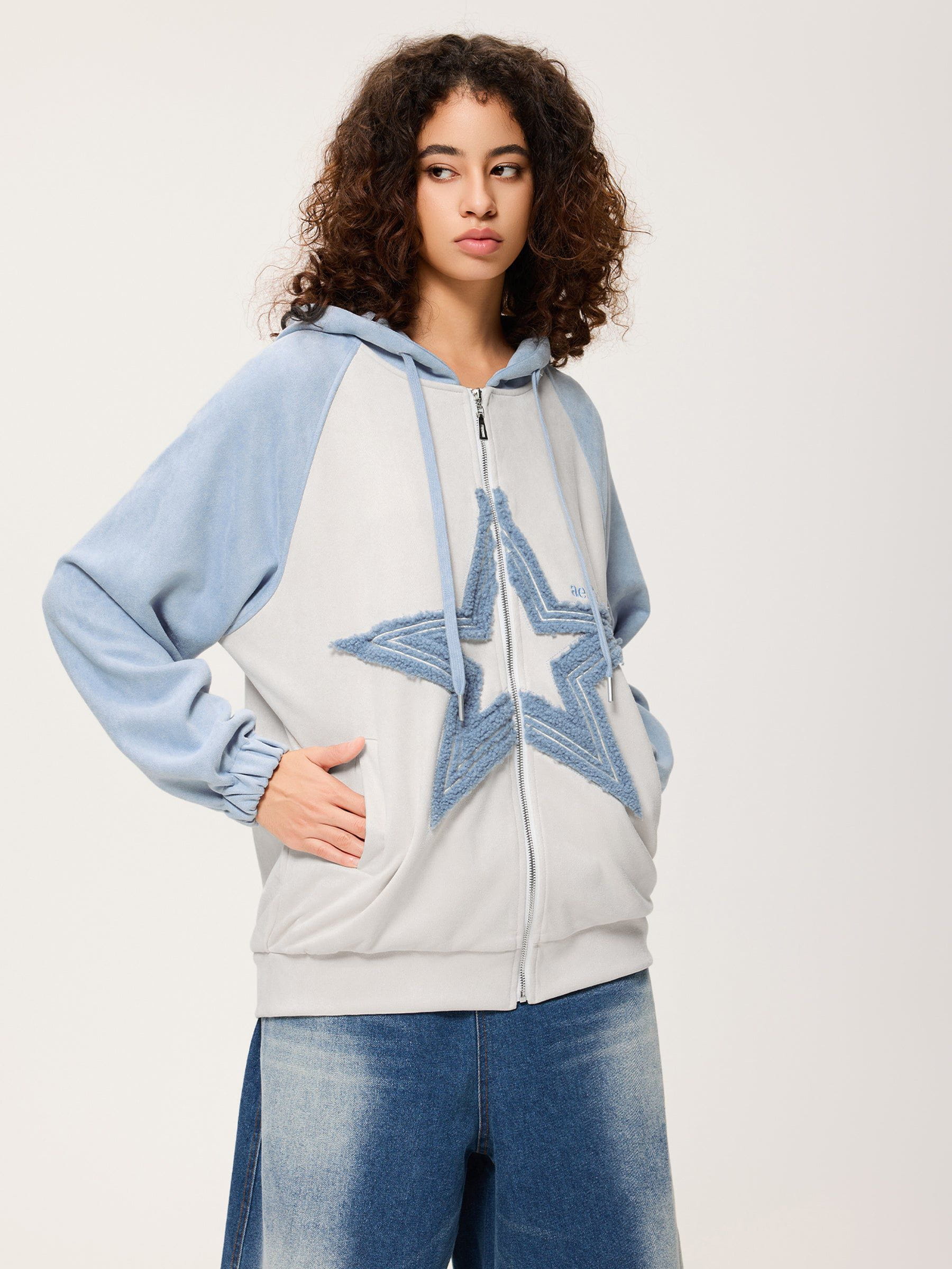 Suede Star Patchwork Zip-Up Hoodie for Women & Men | Aelfric Eden