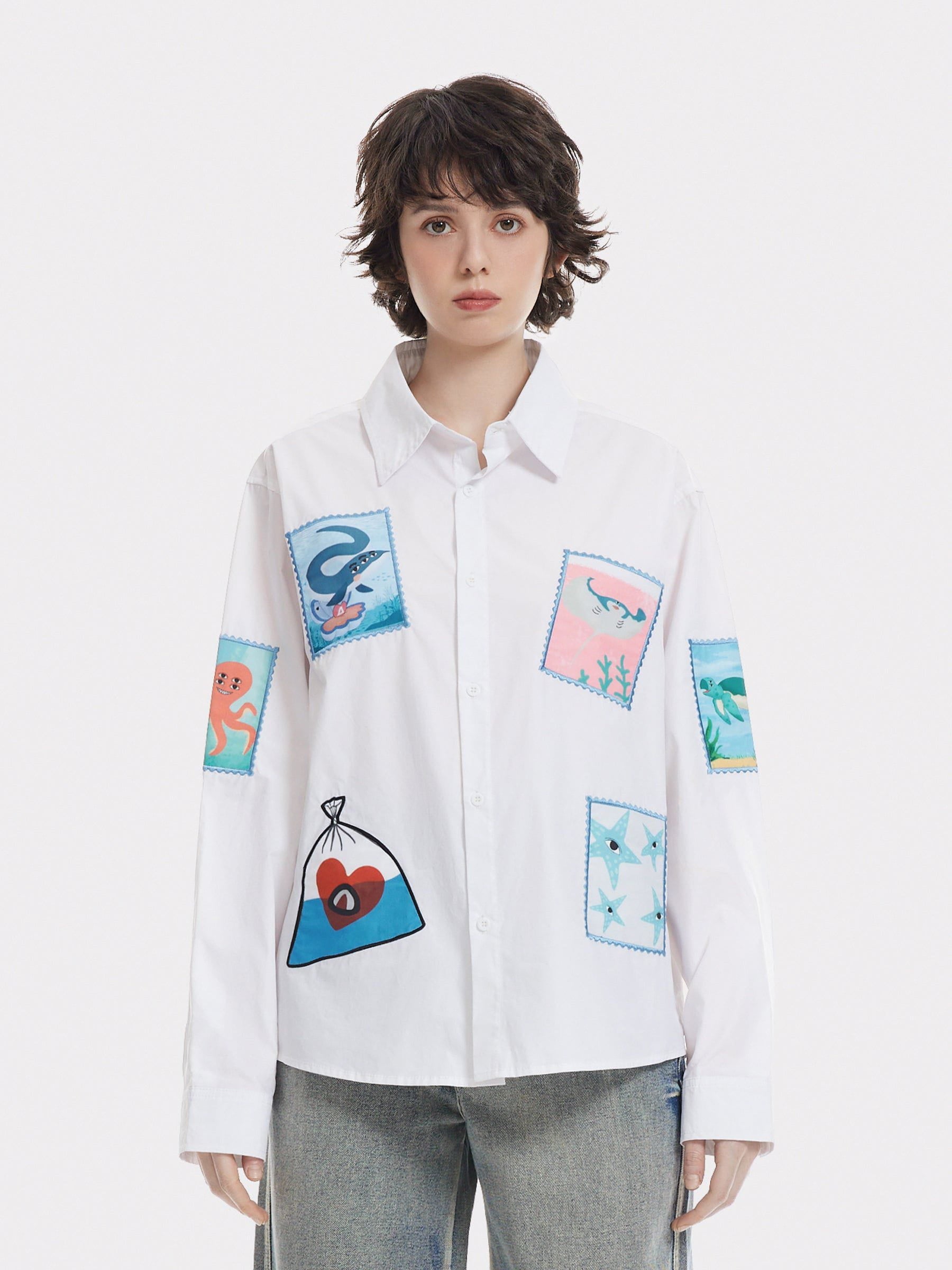 Sea Animal Print Cotton Long Sleeve Polo Shirt | Aelfric Eden
