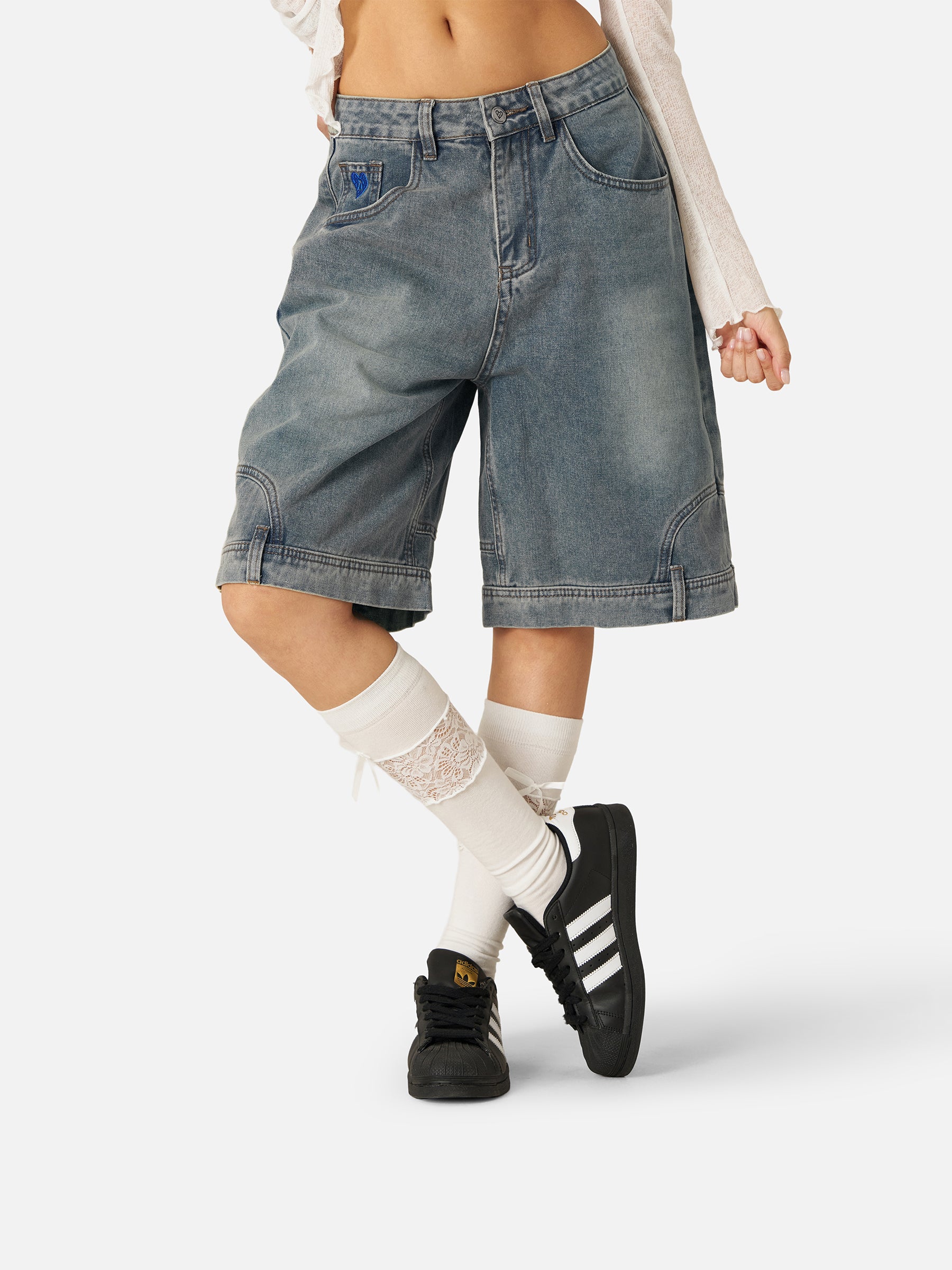 Washed Reverse Denim Shorts with Upside Down Design | Aelfric Eden