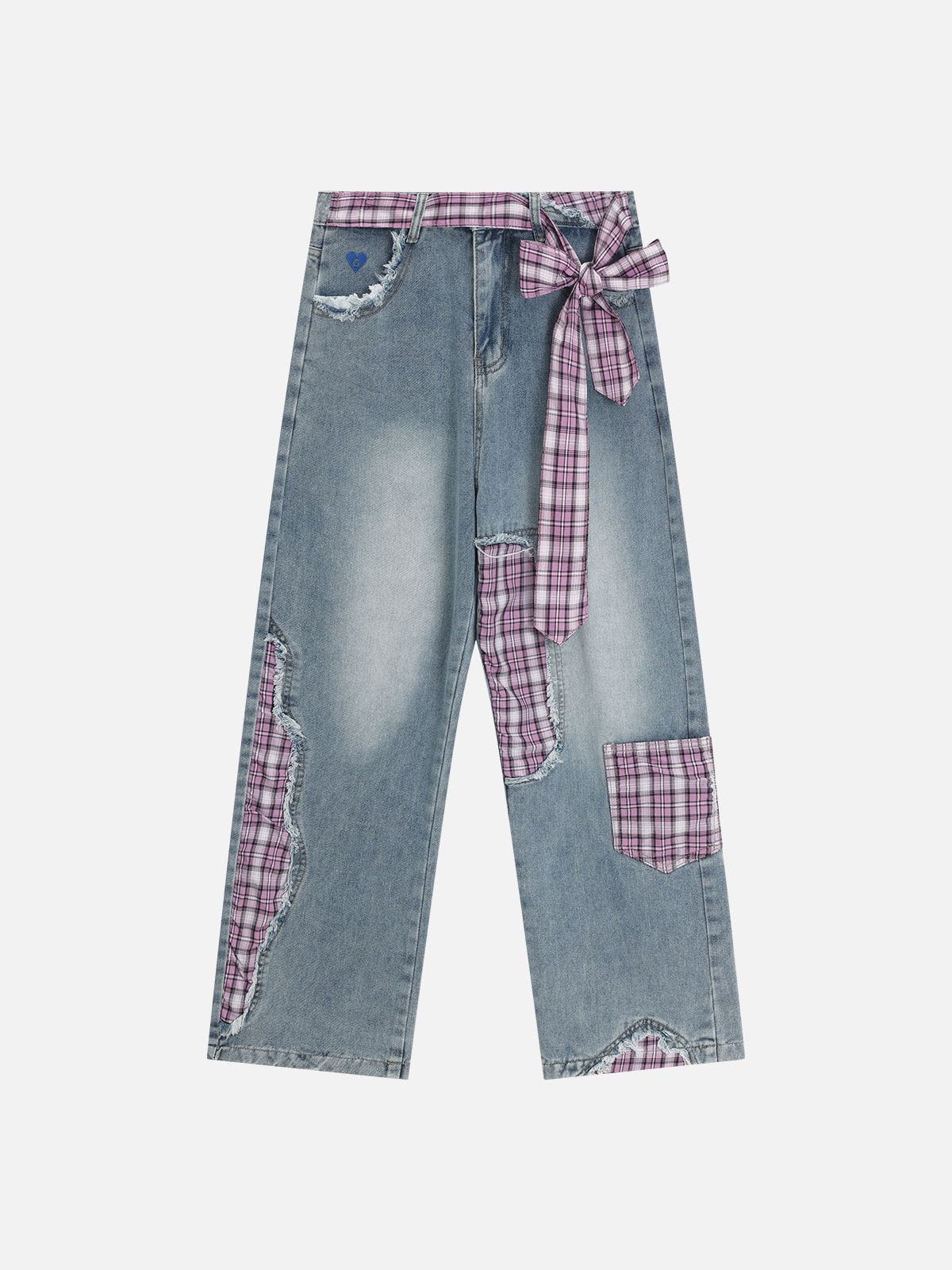 Plaid Patchwork Jeans with Multi Pockets | Aelfric Eden