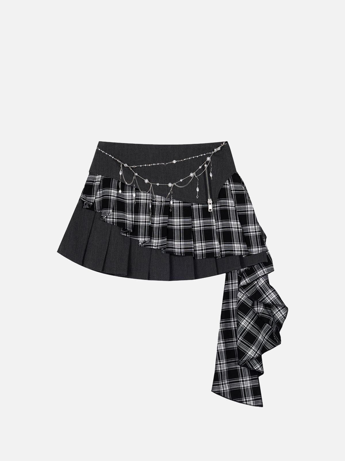 Plaid Patchwork Chain Skirt with Asymmetrical Hem | Aelfric Eden