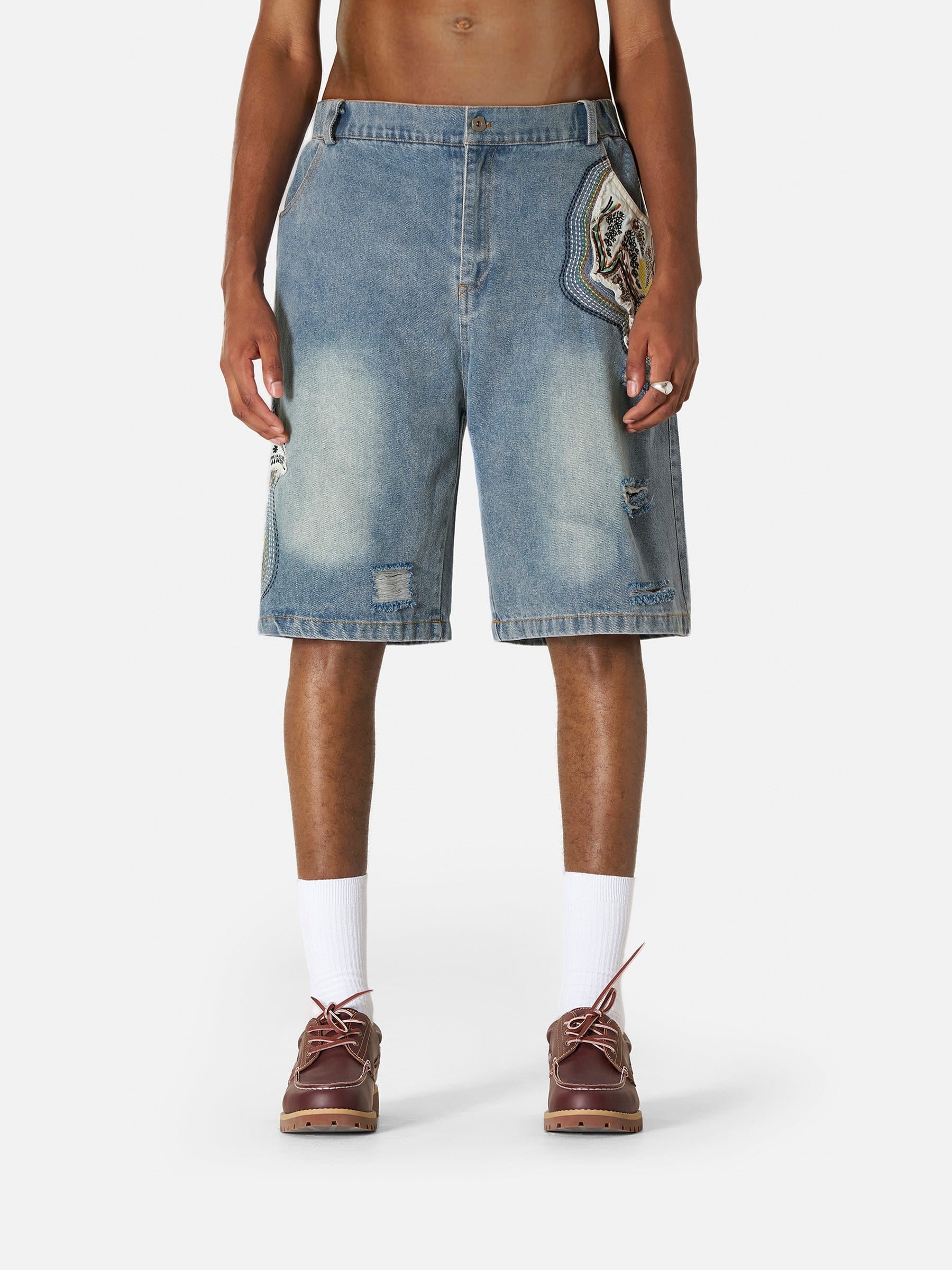 Distressed Denim Shorts with Embroidery & Patch Pockets | Aelfric Eden