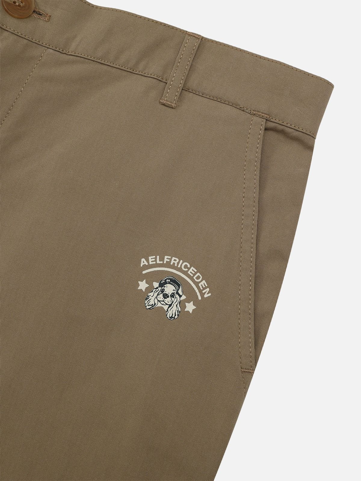 Khaki Cotton Pants with Embroidered Puppy Design | Aelfric Eden