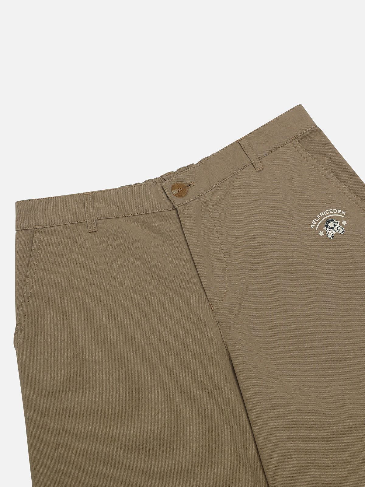 Khaki Cotton Pants with Embroidered Puppy Design | Aelfric Eden