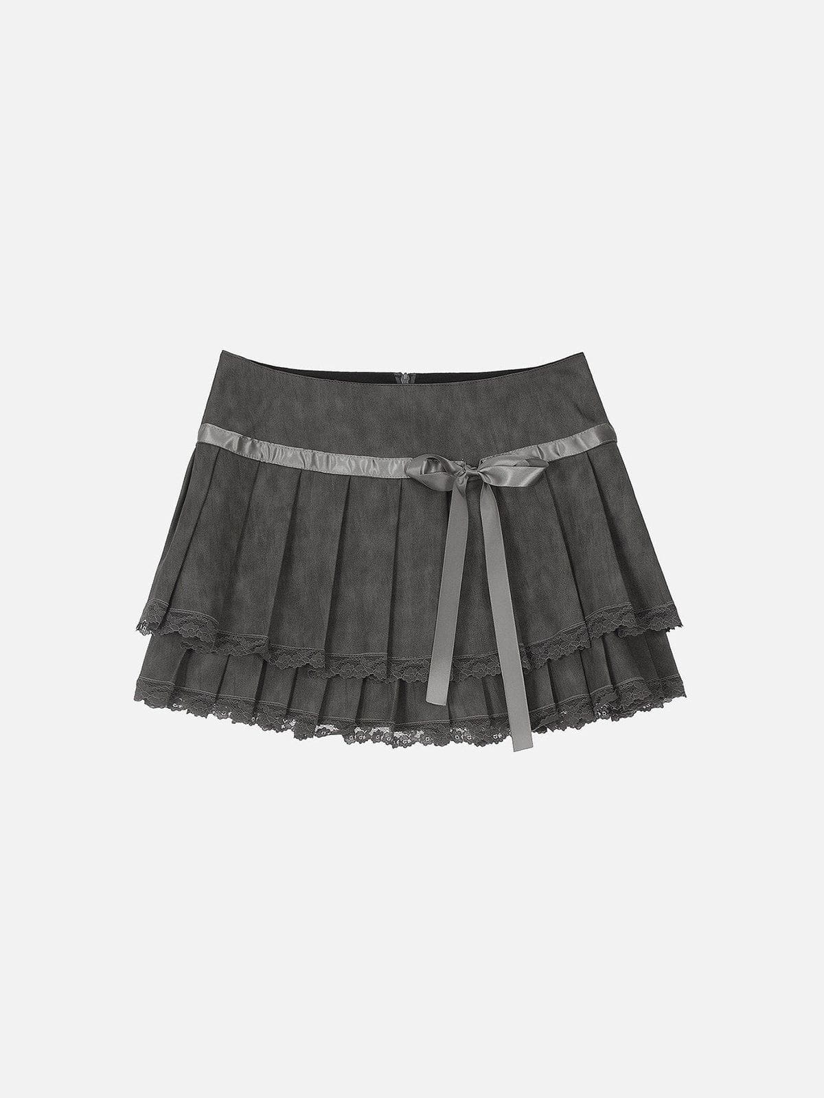 Lace Patchwork Faux Leather Skirt with Bow Detail | Aelfric Eden