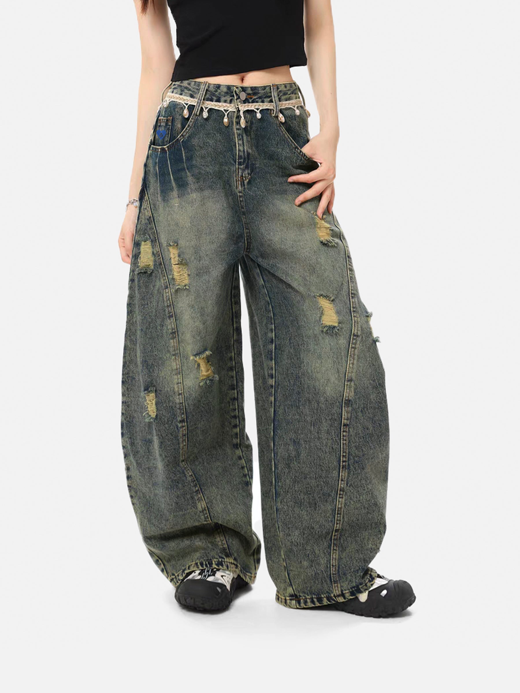 Distressed Washed Jeans with Pearl Belt | Aelfric Eden