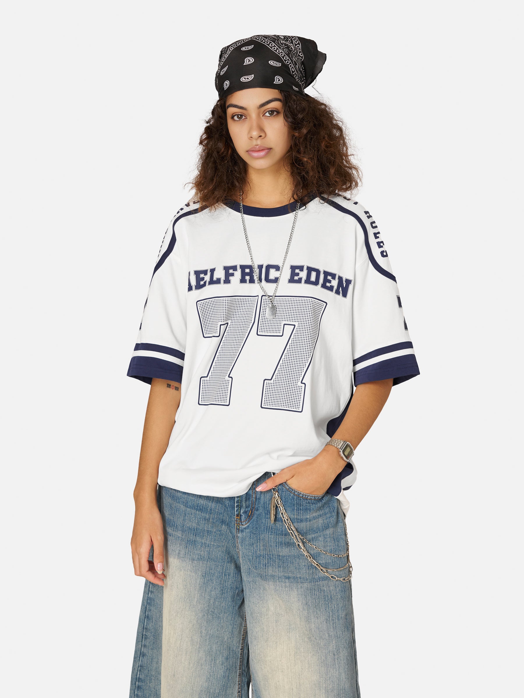 White Cotton Football Jersey with 77 Number Print | Aelfric Eden