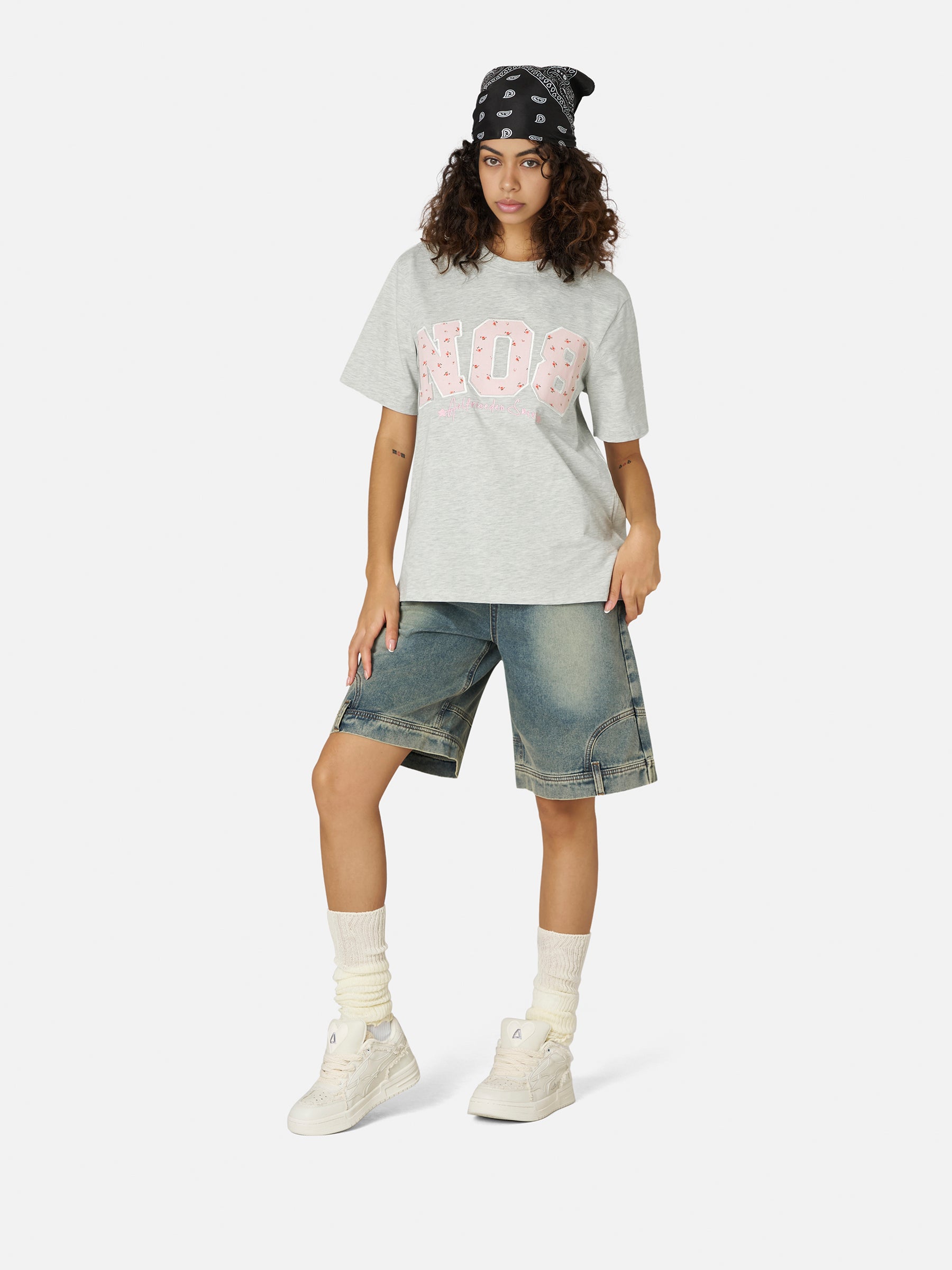 Floral Embroidery Cotton T-Shirt with Retro NO8 Print | Aelfric Eden