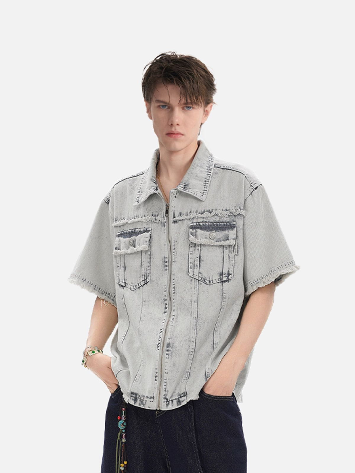 Fringe Washed Denim Short Sleeve Shirt | Aelfric Eden