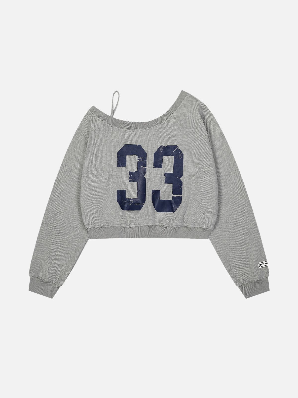 Number Print Cropped Sweatshirt with Irregular Shoulder | Aelfric Eden