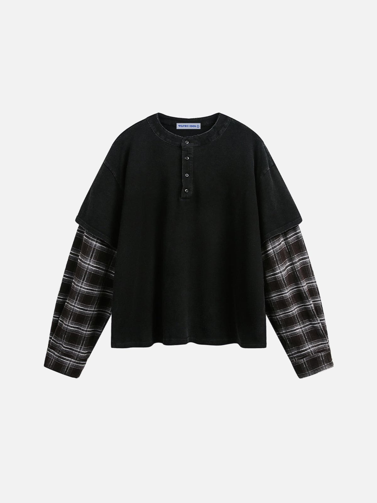 Plaid Patchwork Long Sleeve Tee with Layered Design | Aelfric Eden
