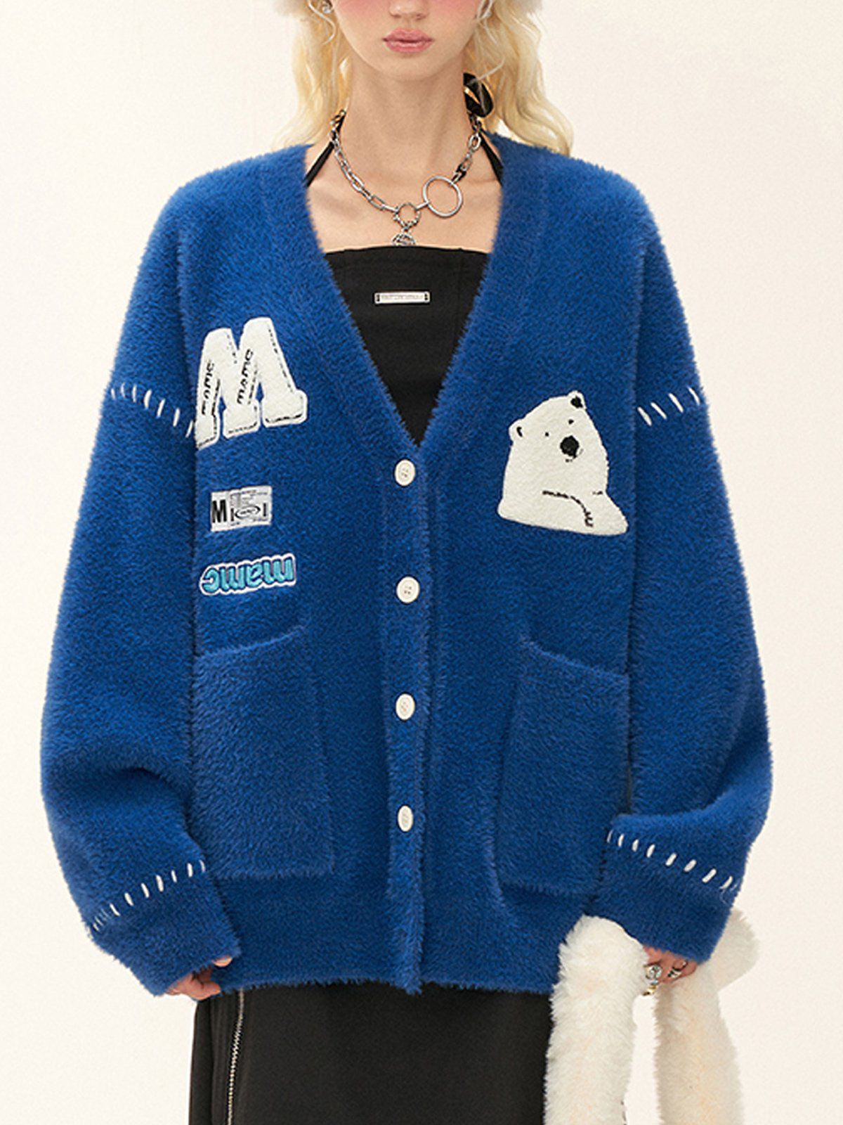 Polar Bear Fuzzy Cardigan with Applique Embroidery | Aelfric Eden
