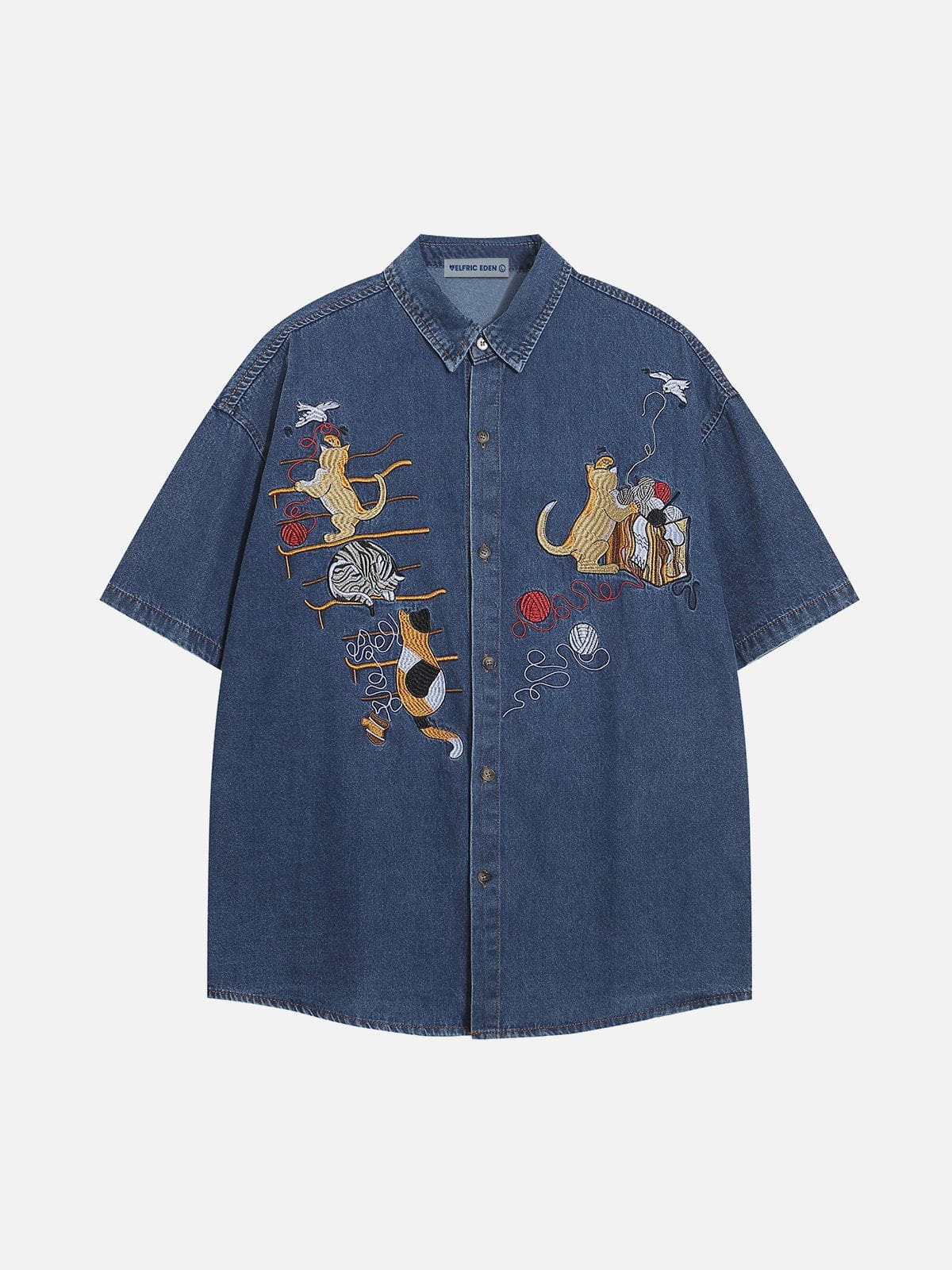 Embroidery Cat Denim Shirt for Men & Women | Aelfric Eden